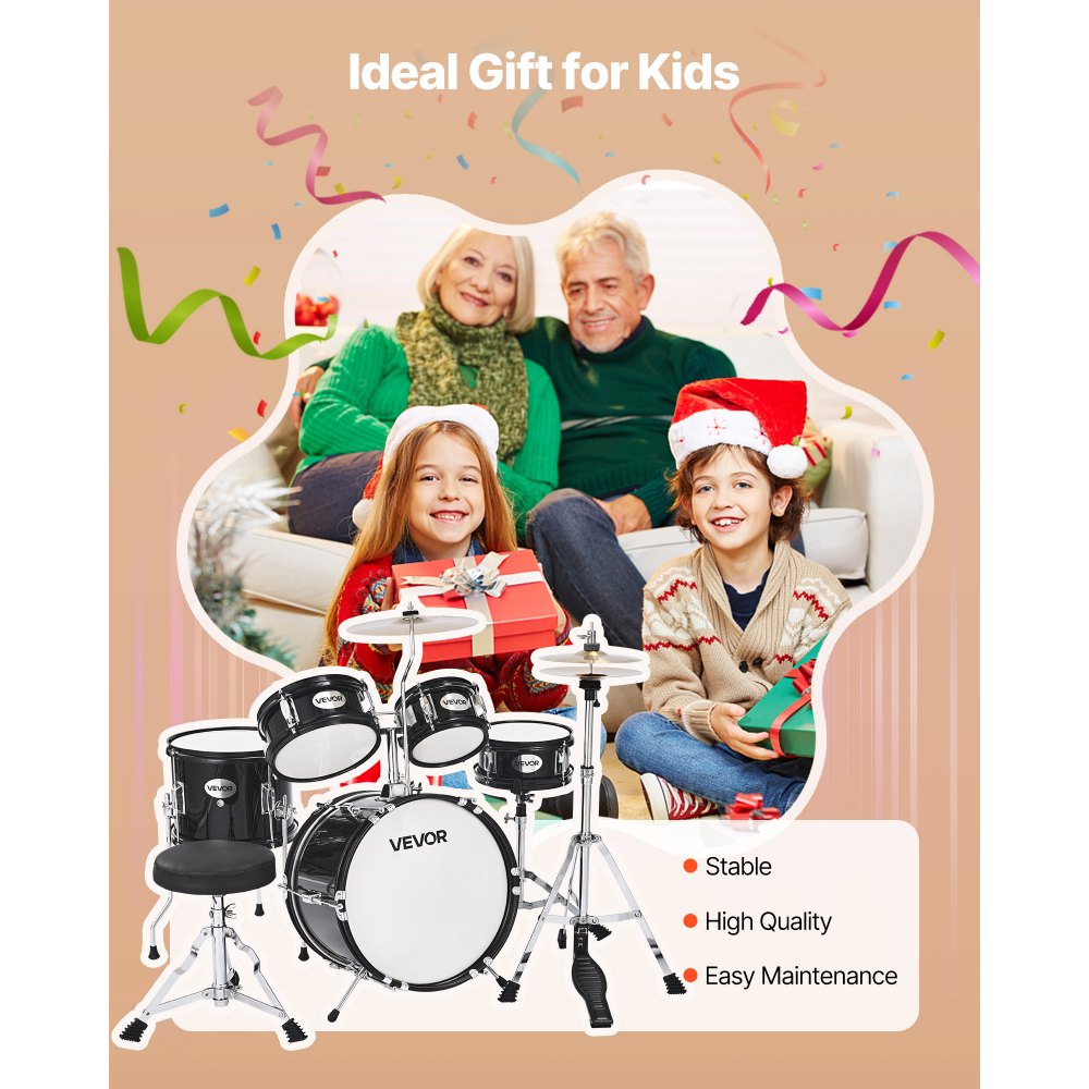 VEVOR Kids Drum Set, 5-Piece 14 in Junior Drum Sets, Beginner Drums Set with Adjustable Throne, Cymbal & Two Pairs of Drumsticks, Musical Learning Drums Instruments Kit, for Children Ages 6-13(Black)