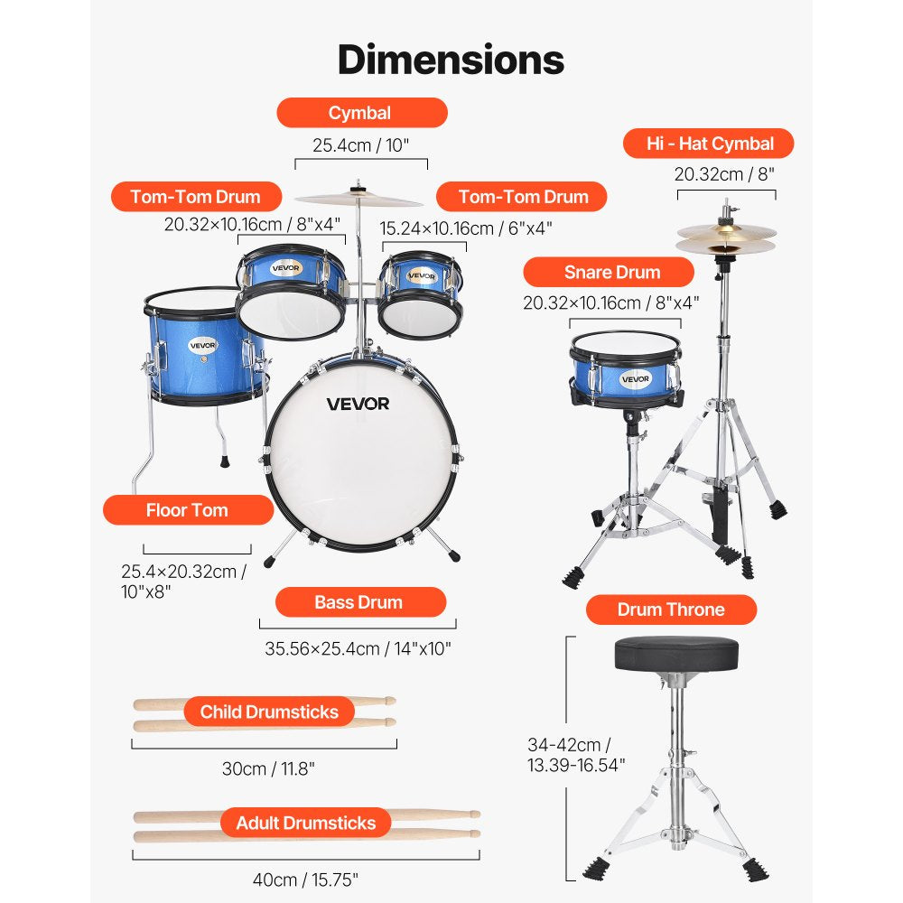 VEVOR Kids Drum Set, 5-Piece 14 in Junior Drum Sets, Beginner Drums Set with Adjustable Throne, Cymbal & Two Pairs of Drumsticks, Musical Learning Drums Instruments Kit, for Children Ages 6-13 (Blue)