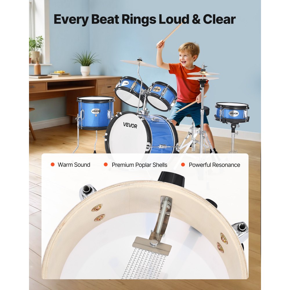 VEVOR Kids Drum Set, 5-Piece 14 in Junior Drum Sets, Beginner Drums Set with Adjustable Throne, Cymbal & Two Pairs of Drumsticks, Musical Learning Drums Instruments Kit, for Children Ages 6-13 (Blue)