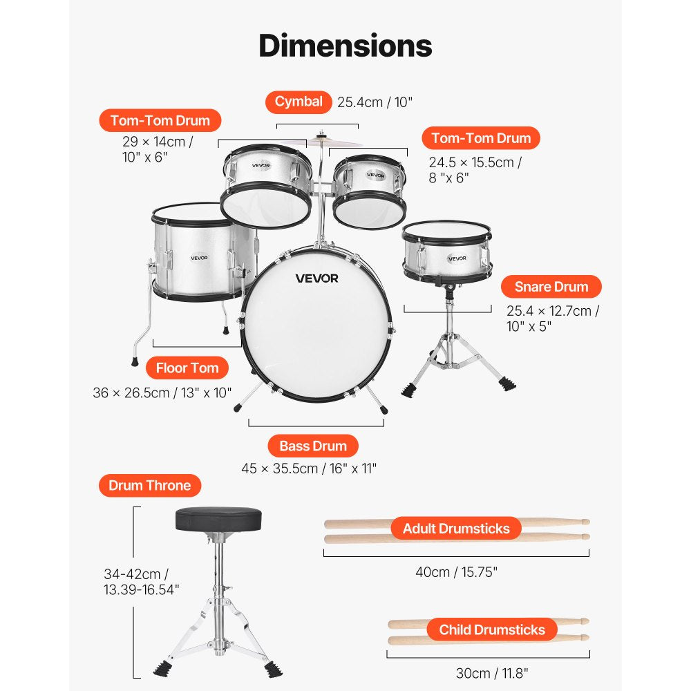 VEVOR Kids Drum Set, 5-Piece 16 in Junior Drum Sets, Beginner Drums Set with Adjustable Throne, Cymbal & Two Pairs of Drumsticks, Musical Learning Drums Instrument Kit, for Children Ages 6-13(Silver)