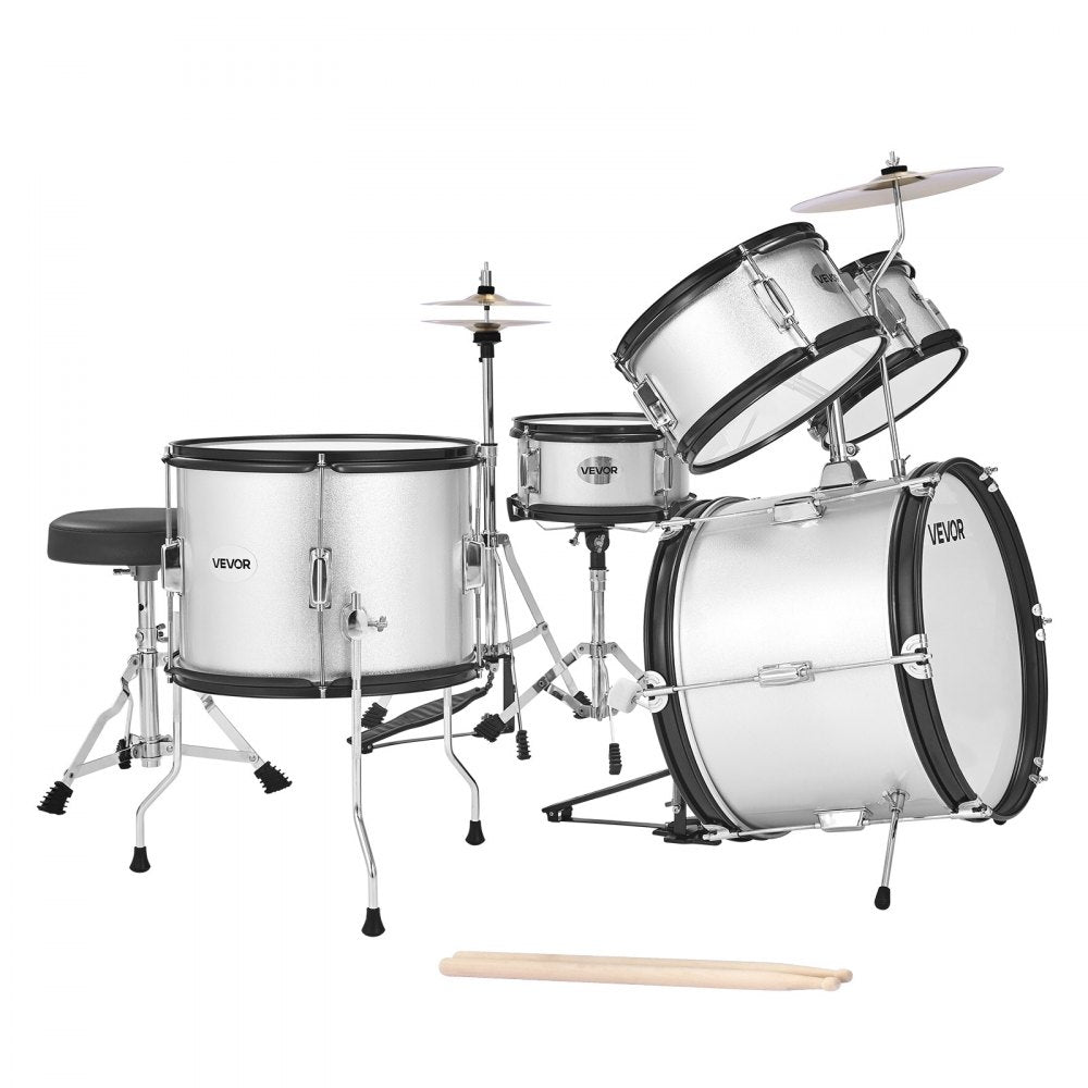 VEVOR Kids Drum Set, 5-Piece 16 in Junior Drum Sets, Beginner Drums Set with Adjustable Throne, Cymbal & Two Pairs of Drumsticks, Musical Learning Drums Instrument Kit, for Children Ages 6-13(Silver)