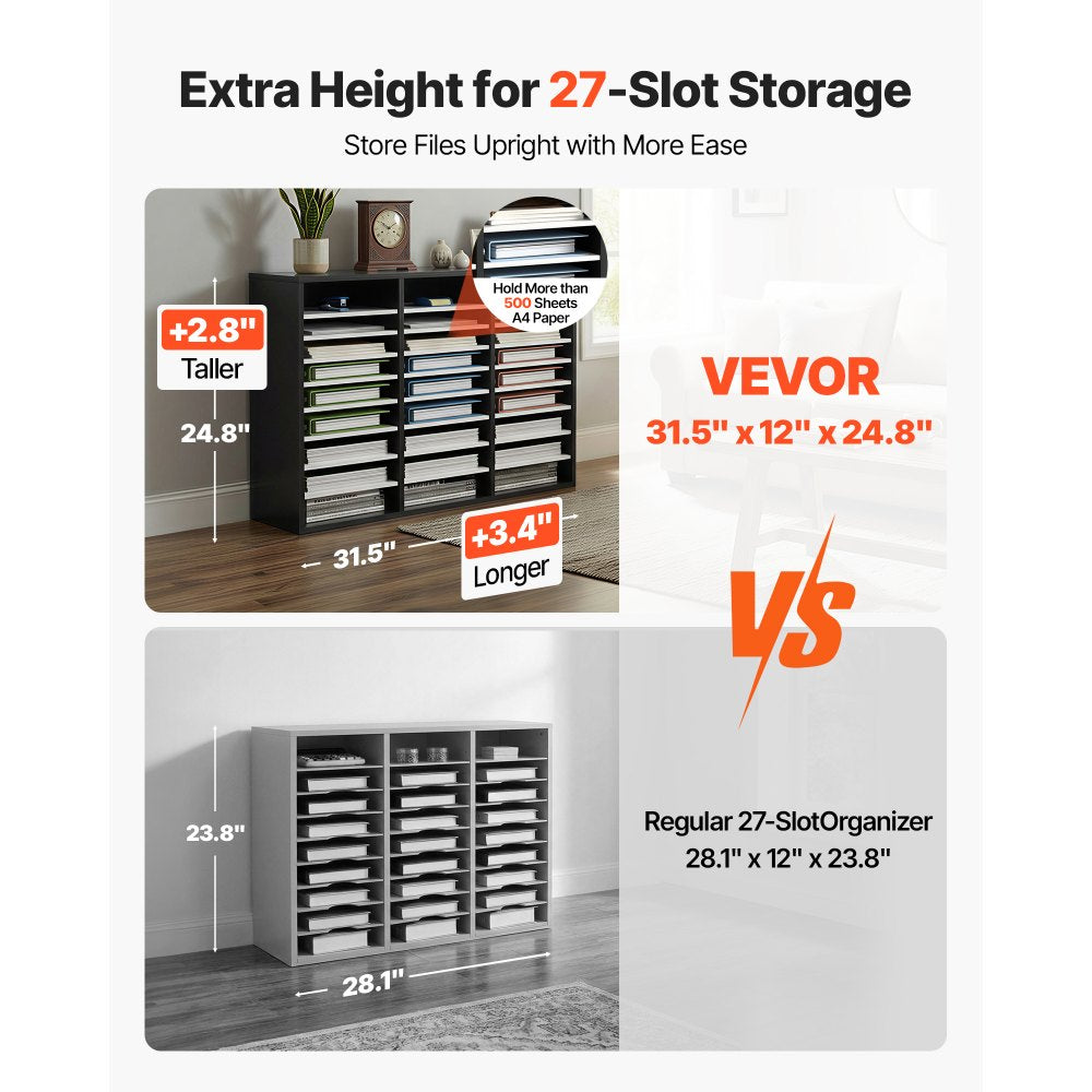 VEVOR 27 Compartments Wood Literature Organizer, Adjustable Shelves, Medium Density Fiberboard Mail Center, Office Home School Storage for Files, Documents, Papers, Magazines, Black+White