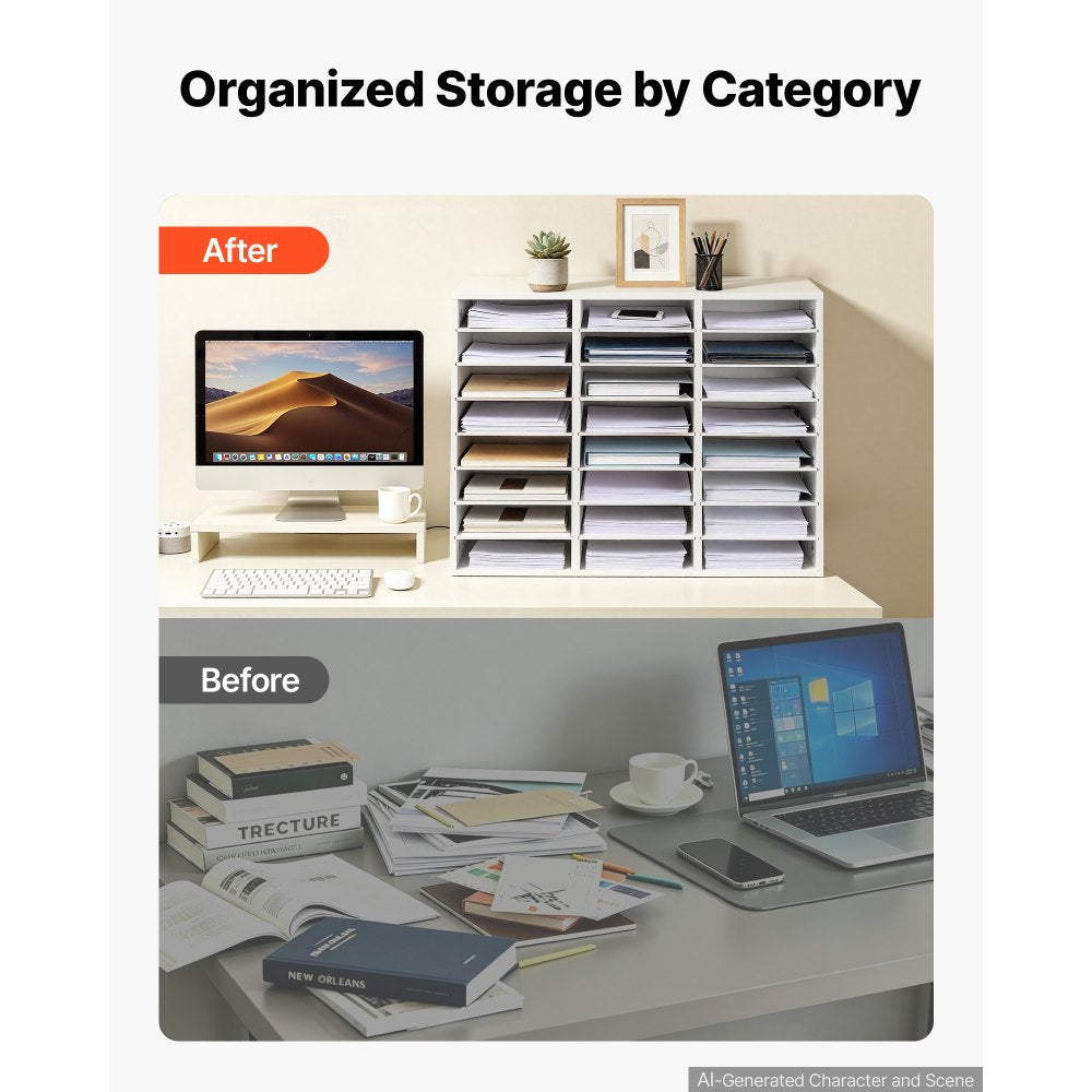 VEVOR Wood Literature Organizer 24 Compartments Office Mailboxes White, Countertop Literature Sorter for Files Documents Papers, with Adjustable Shelves, for Office, Home, Classroom Organization
