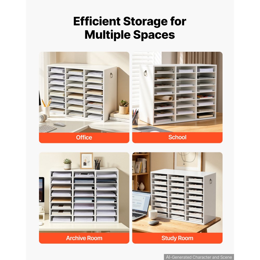 VEVOR Wood Literature Organizer 24 Compartments Office Mailboxes White, Countertop Literature Sorter for Files Documents Papers, with Adjustable Shelves, for Office, Home, Classroom Organization