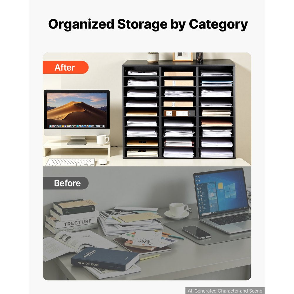 VEVOR Wood Literature Organizer 27 Compartments Office Mailboxes Black, Countertop Literature Sorter for Files Documents Papers, with Adjustable Shelves, for Office, Home, Classroom Organization