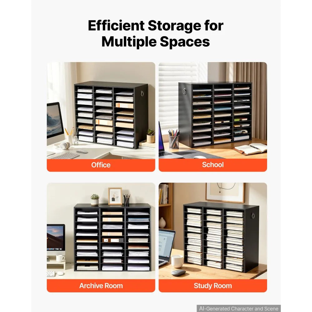 VEVOR Wood Literature Organizer 27 Compartments Office Mailboxes Black, Countertop Literature Sorter for Files Documents Papers, with Adjustable Shelves, for Office, Home, Classroom Organization