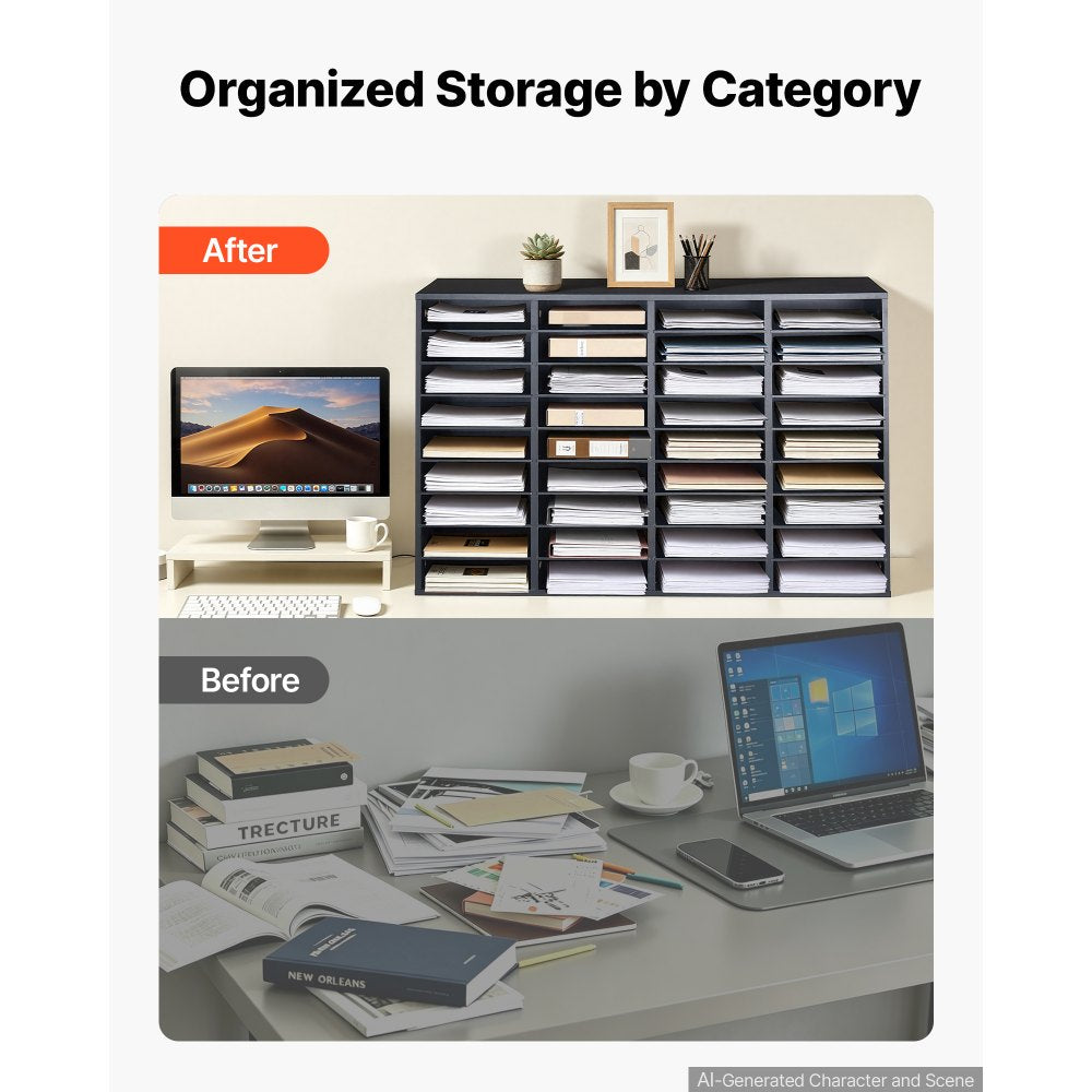 VEVOR Wood Literature Organizer 36 Compartments Office Mailboxes Black, Countertop Literature Sorter for Files Documents Papers, with Adjustable Shelves, for Office, Home, Classroom Organization