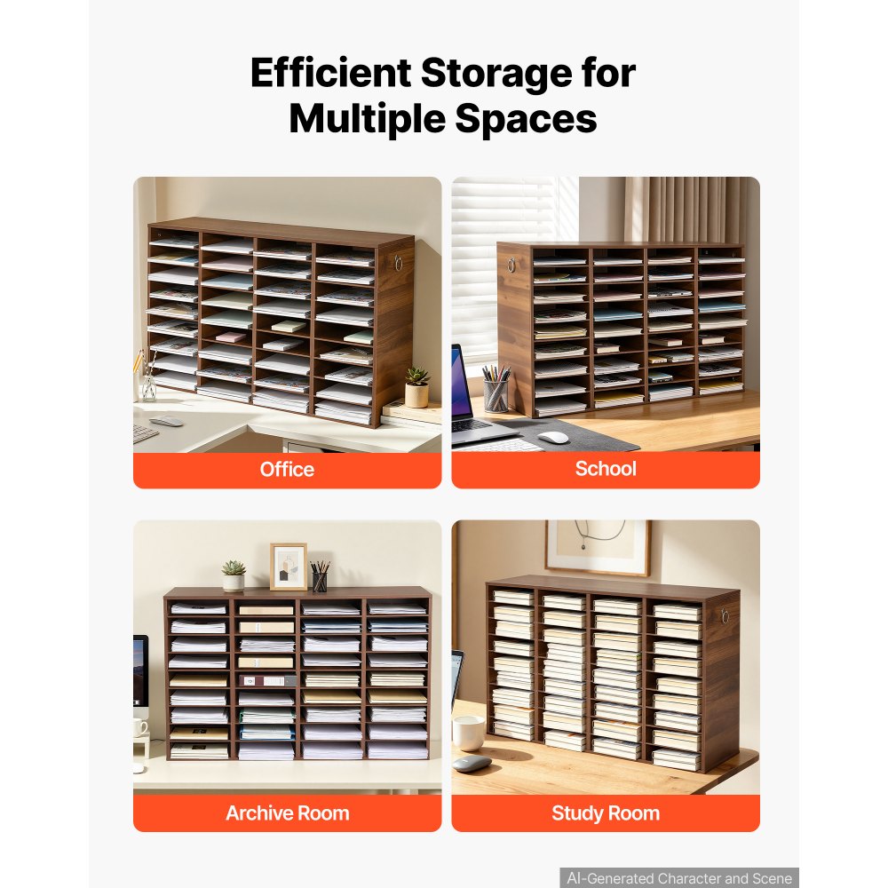 VEVOR Wood Literature Organizer 36 Compartments Office Mailboxes Brown, Countertop Literature Sorter for Files Documents Papers, with Adjustable Shelves, for Office, Home, Classroom Organization