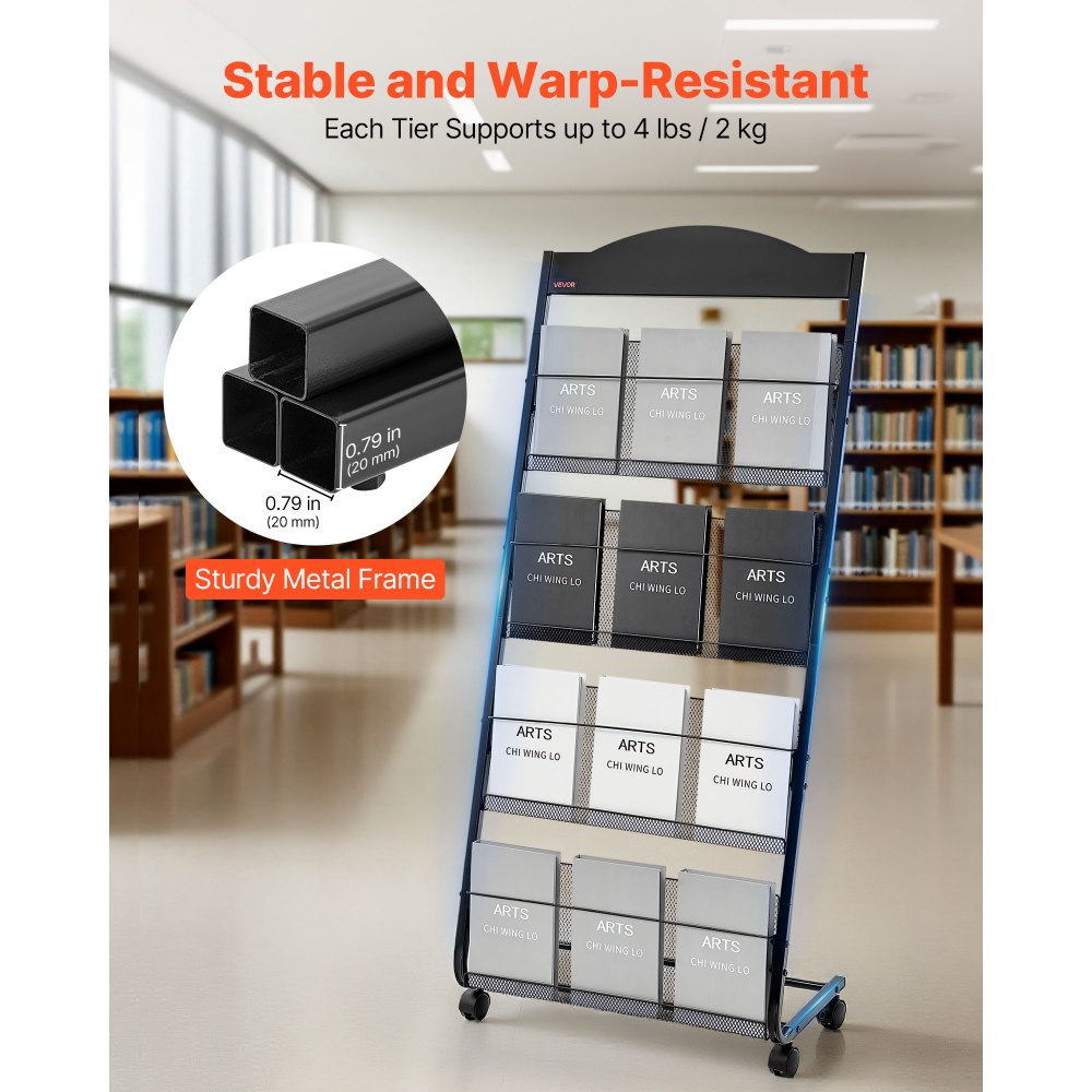 VEVOR Brochure Display Rack, 4-Tier Magazine Literature Display Stand with Wheels, Movable Floor Standing Magazine Rack, Heavy Duty Newspaper Catalog Holders for Shop Exhibitions Office Craft Fairs