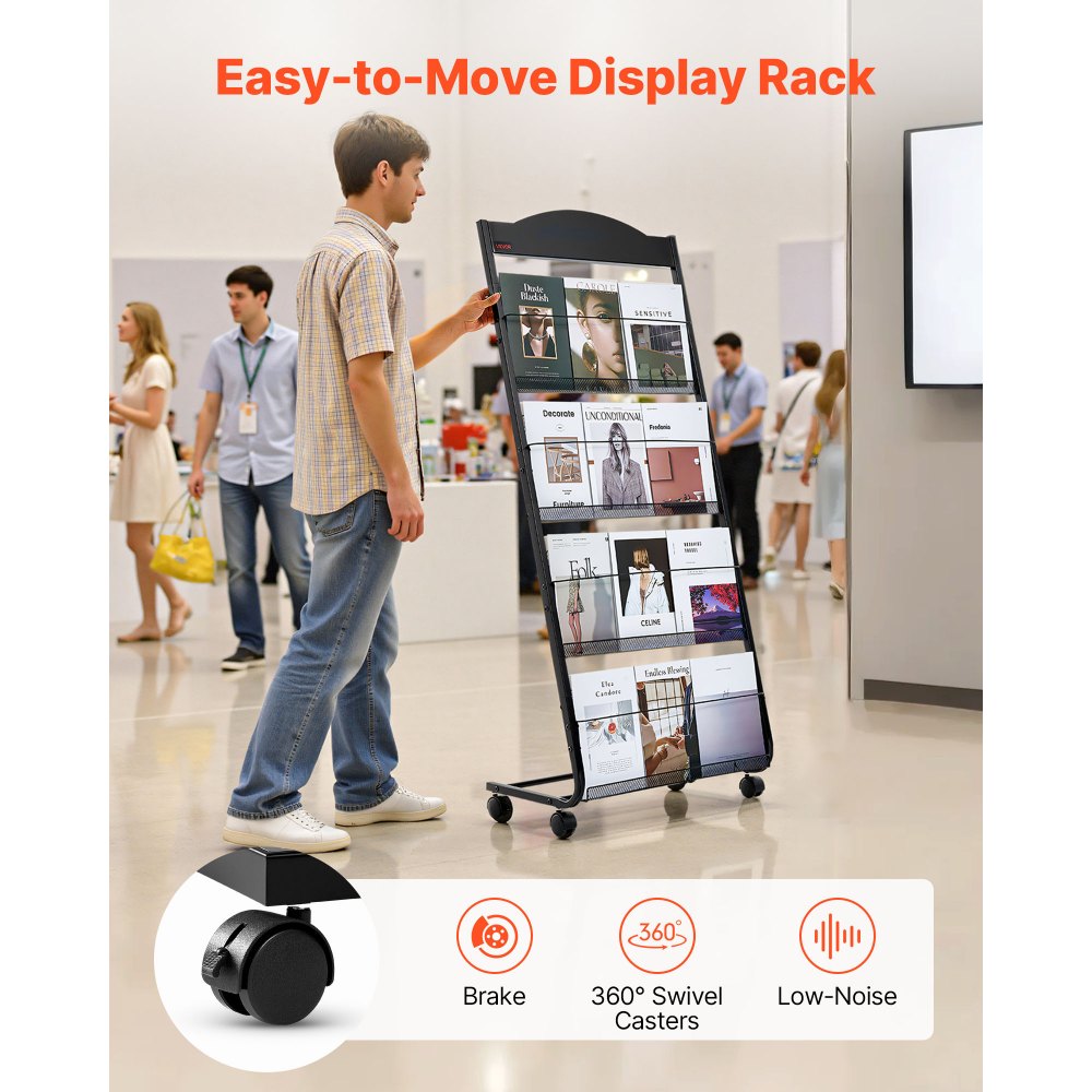 VEVOR Brochure Display Rack, 4-Tier Magazine Literature Display Stand with Wheels, Movable Floor Standing Magazine Rack, Heavy Duty Newspaper Catalog Holders for Shop Exhibitions Office Craft Fairs