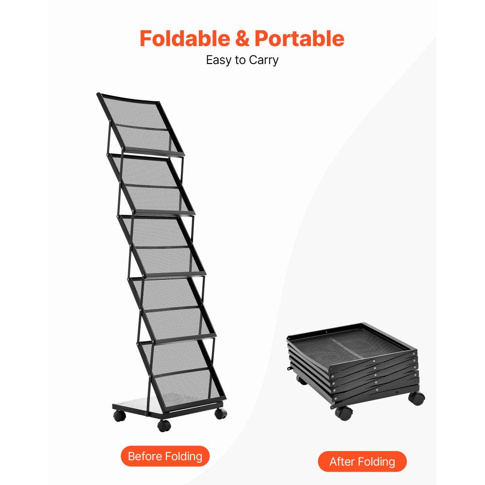 VEVOR Brochure Display Rack, Foldable 5 Pockets Magazine Literature Display Stand, Movable Floor Standing Magazine Rack with Wheels, Metal Newspaper Catalog Holders for Shop Exhibitions Office Show