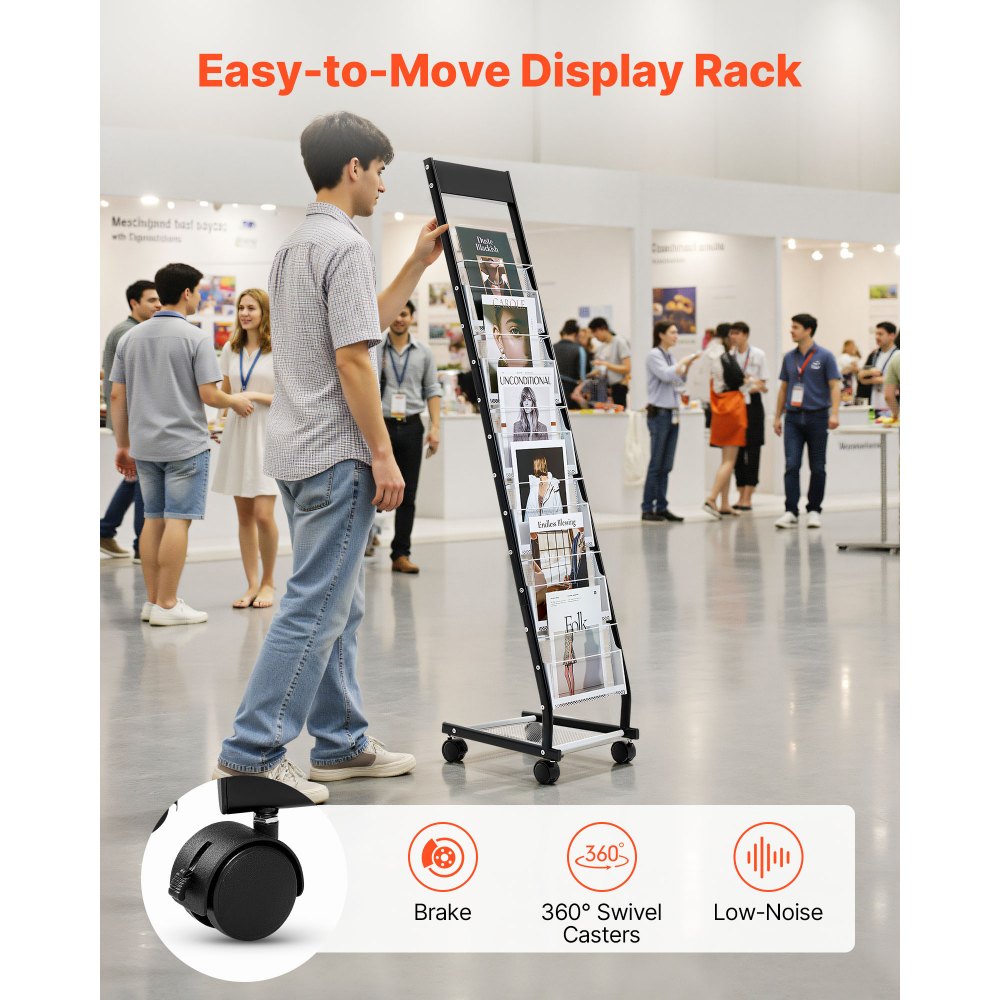 VEVOR Brochure Display Rack, Narrow 6-Tier Magazine Literature Display Stand with Wheels, Metal Floor Standing Magazine Rack, Movable Newspaper Catalog Holders for Shop Exhibitions Office (6 Pockets)