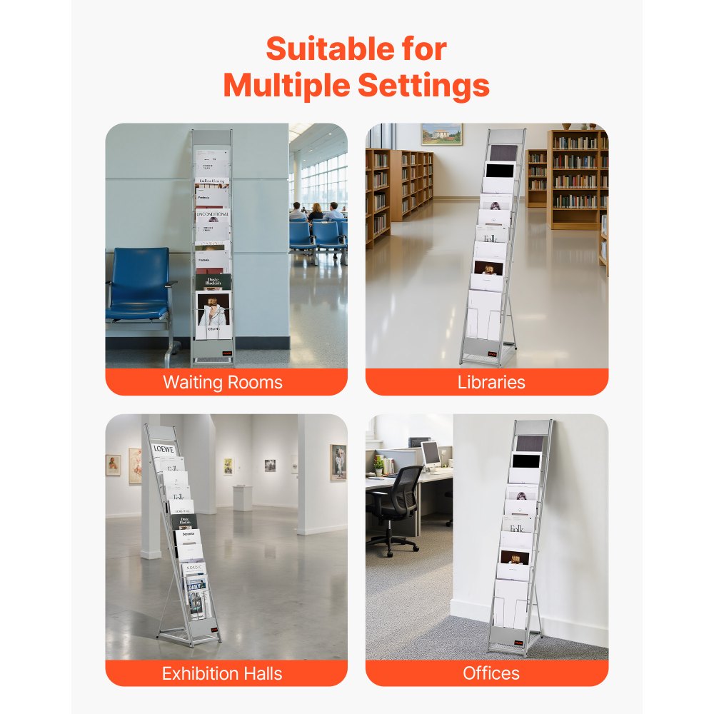 VEVOR Brochure Display Rack, 10 Pockets Magazine Literature Display Stand, Portable Floor Standing Magazine Rack, Metal Newspaper Catalog Holders for Shop, Exhibitions, Office, Trade Show, Silver