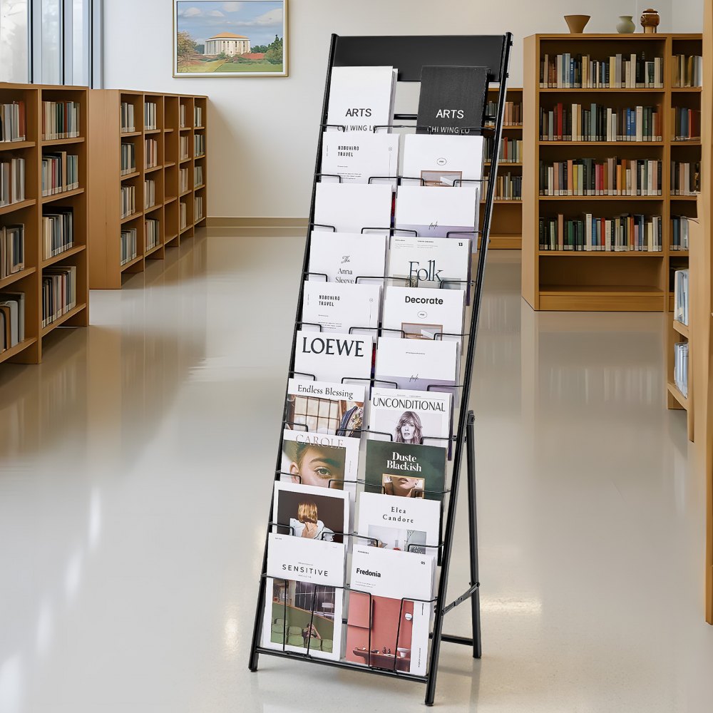 VEVOR Brochure Display Rack, 20 Pockets Magazine Literature Display Stand, Portable Floor Standing Magazine Rack, Metal Newspaper Catalog Holders for Shop, Exhibitions, Office, Trade Show, Black