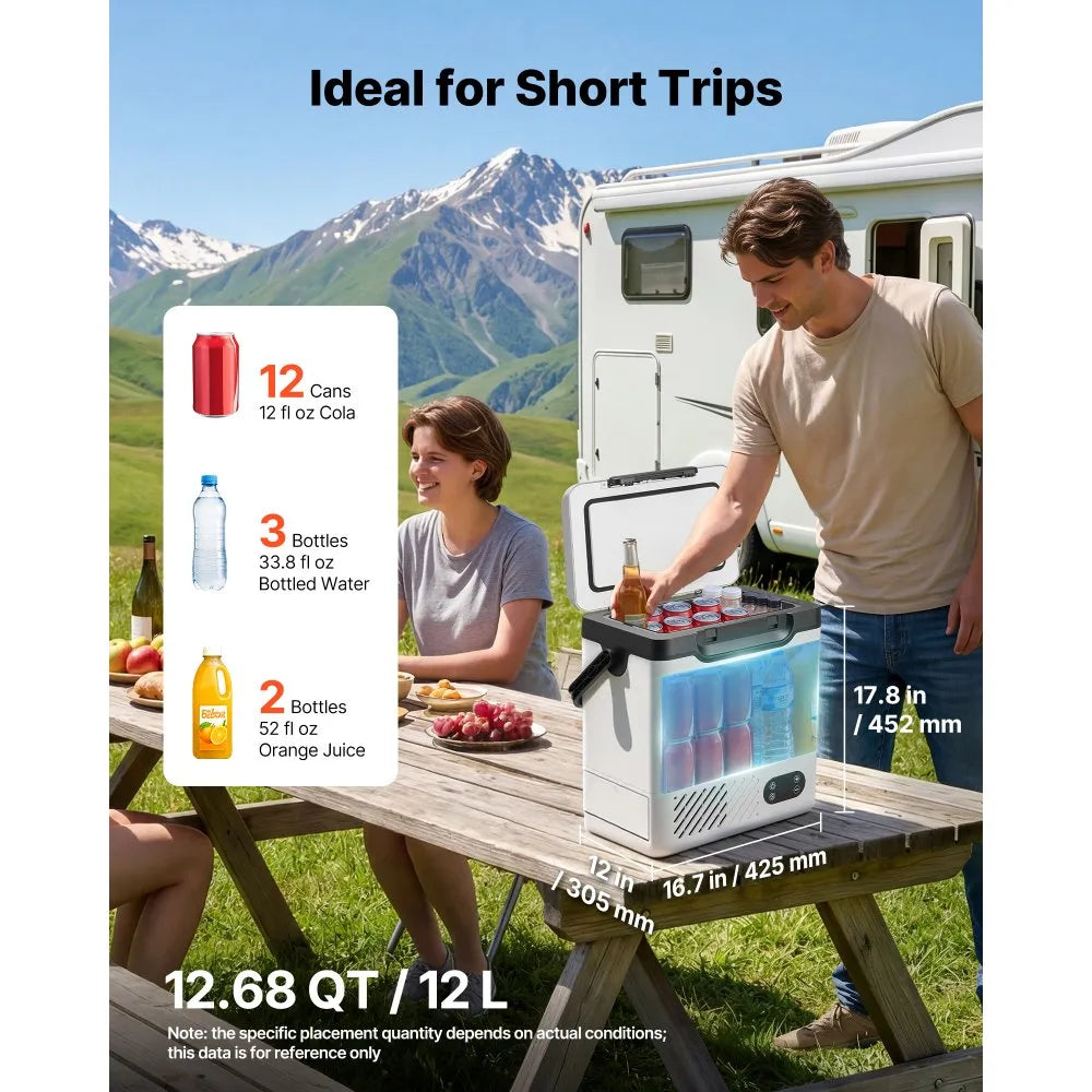 VEVOR 12 Volt Refrigerator, 12.68 QT/ 12L Car Fridge, Portable Electric Freezer Compressor with Handle, 12V/24V DC 100-240V AC, -4°F to 68℉/-20℃ to 20℃, for Truck Van RV SUV Boat Travel Camping