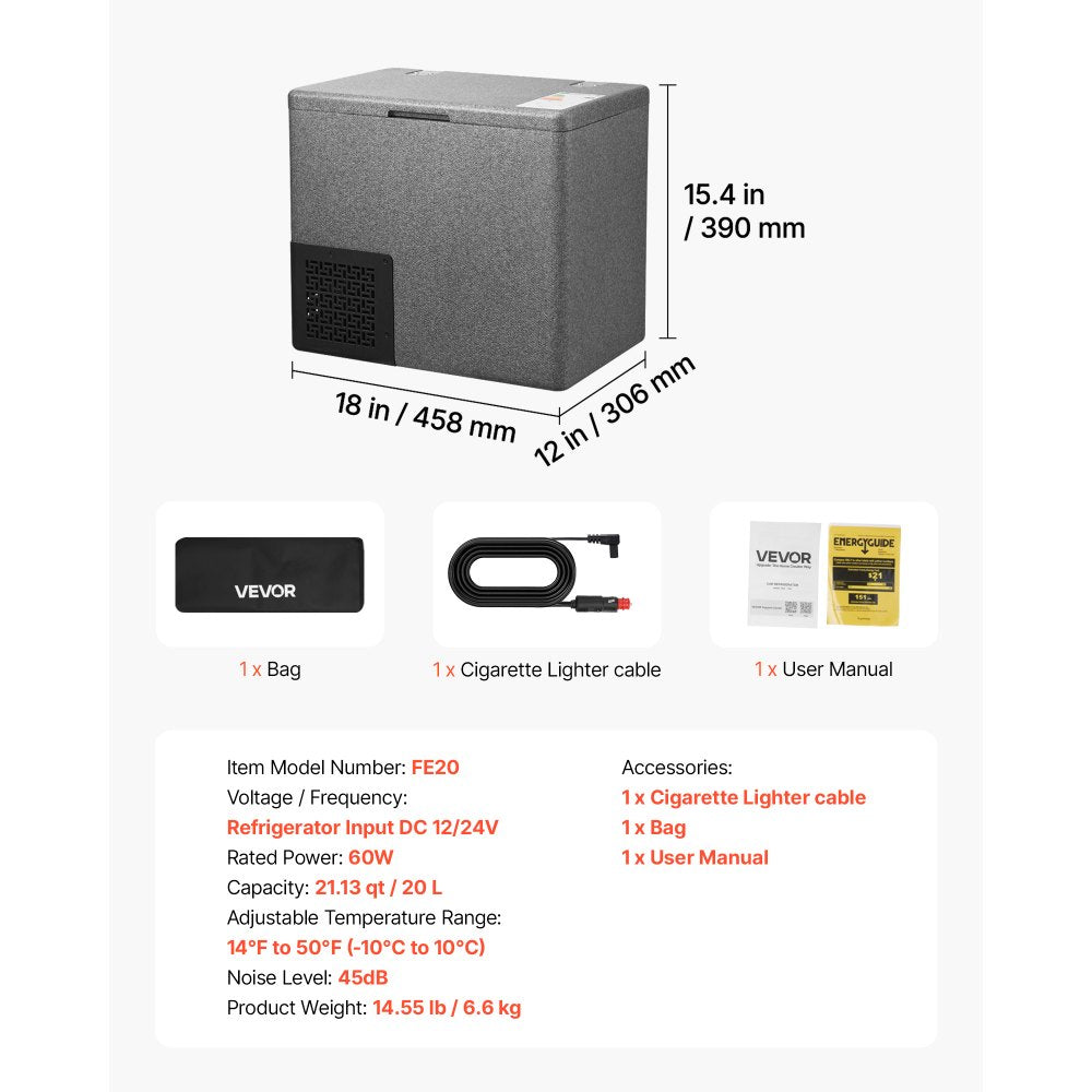 VEVOR 12 Volt Refrigerator, 21.1 QT/ 20L Car Fridge, Portable Ultra-Light EPP Freezer, APP Control Electric Compressor, 12V/24V DC, 14℉ to 50℉, for Truck Van RV SUV Boat Travel Camping