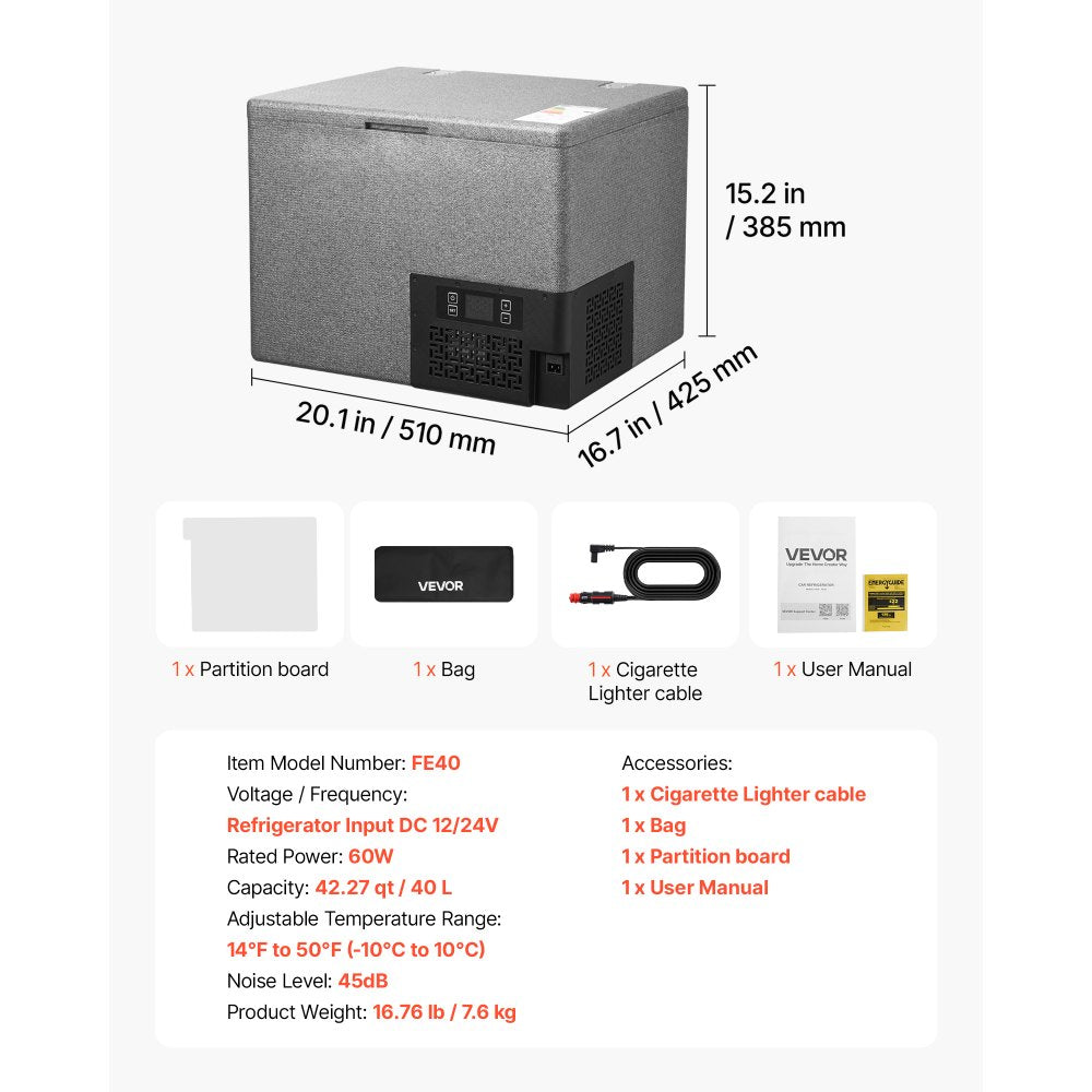 VEVOR 12 Volt Refrigerator, 42.3 QT/ 40L Car Fridge, Portable Ultra-Light EPP Freezer, APP Control Electric Compressor, 12V/24V DC, 14℉ to 50℉, for Truck Van RV SUV Boat Travel Camping
