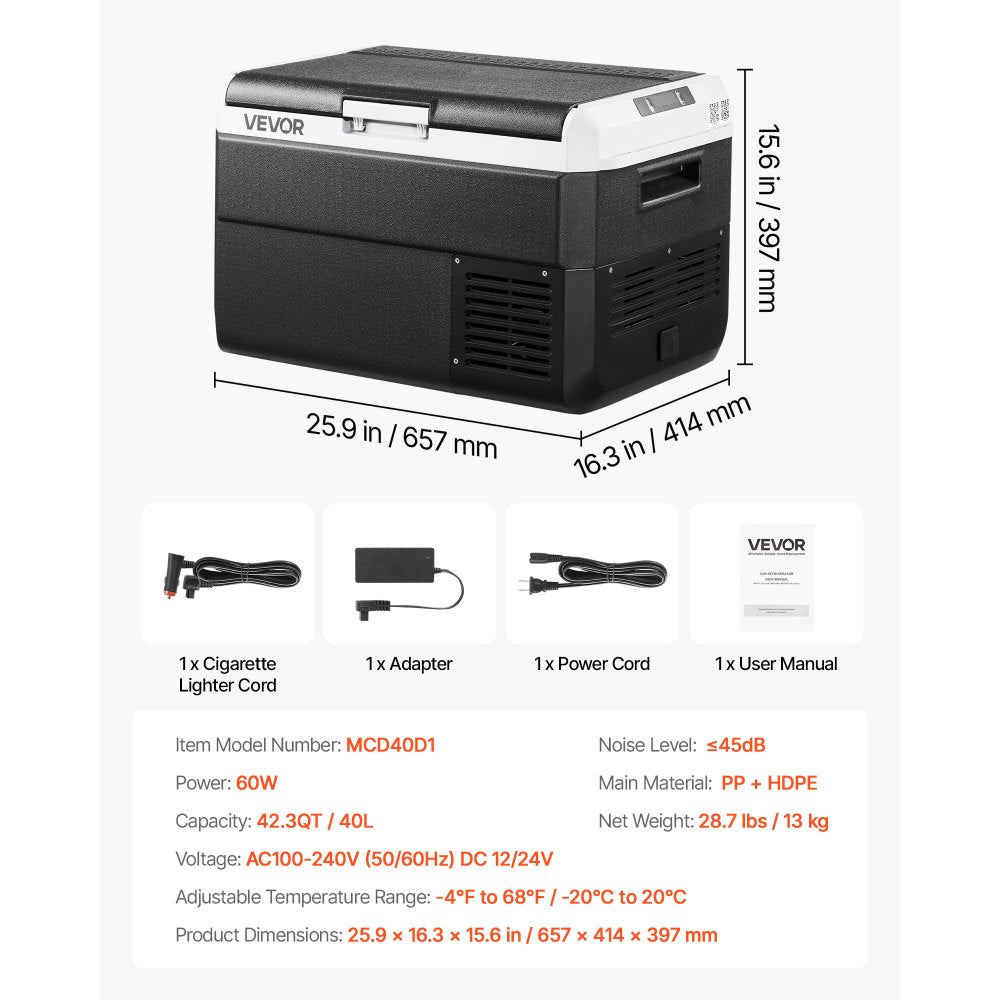 VEVOR 12 Volt Car Refrigerator, 42.3QT/40L Car Fridge, Portable Electric Cooler with -4℉~68℉ Adjustable Temperature, 12/24V DC and 100- 240V AC Compressor Freezer for Outdoor, Camping, Travel, RV