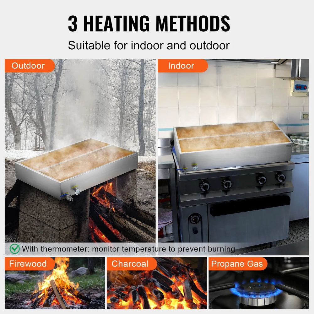 3 heating methods - suitable for indoor and outdoor use (firewood, charcoal, propane gas)
