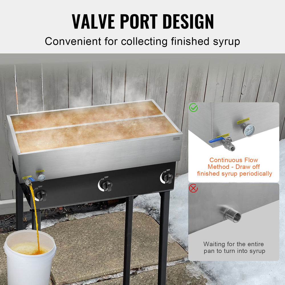 Valve port design for collecting finished syrup; continuous flow draw-off method