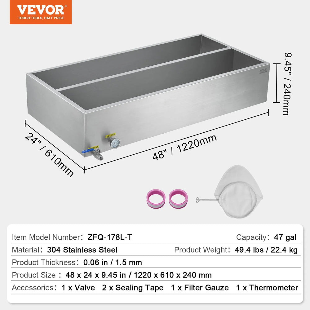 VEVOR evaporator pan dimensions and included accessories (48 x 24 x 9.45 in)
