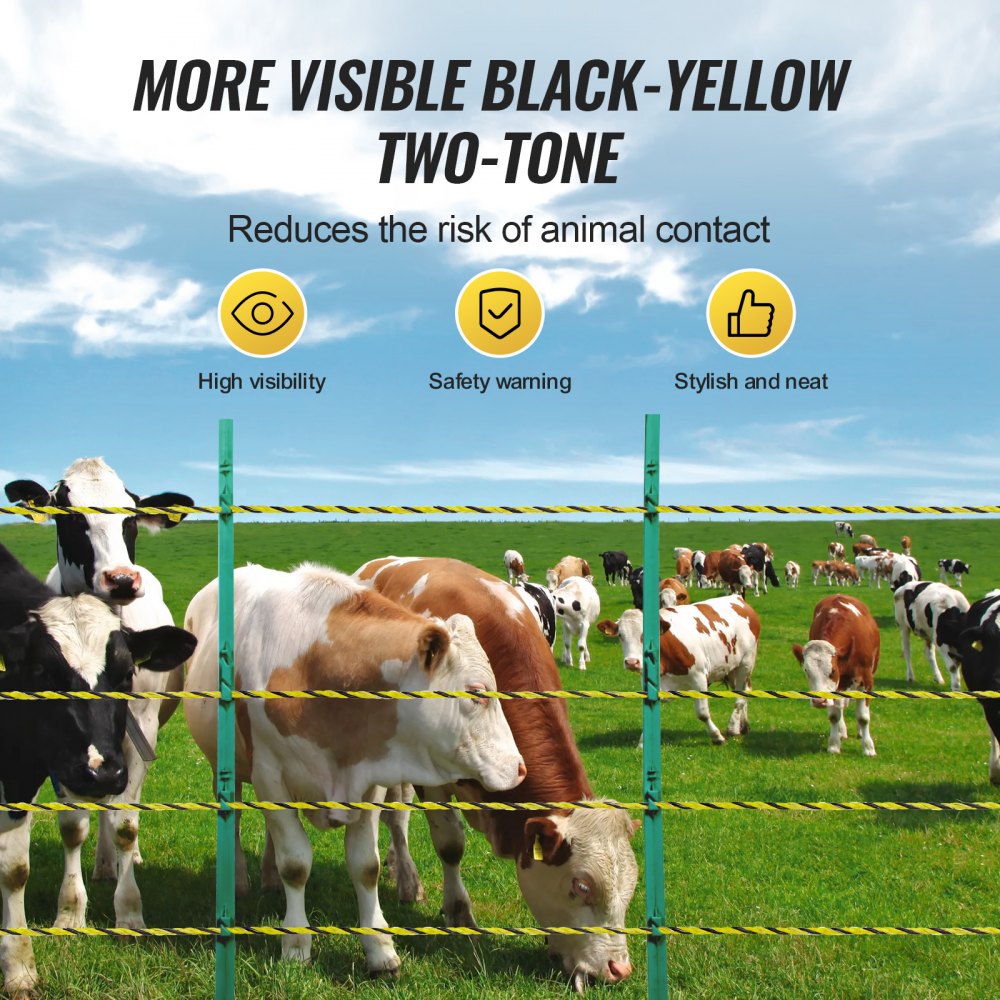 VEVOR Electric Fence Wire, 1640Ft 500M Portable Polywire, 1/8" Diameter 6 Stainless Steel Strands, Fencing Rope Line with 25 Fence Insulators and 25 T-post Insulators, for Horse, Cattle, Livestock