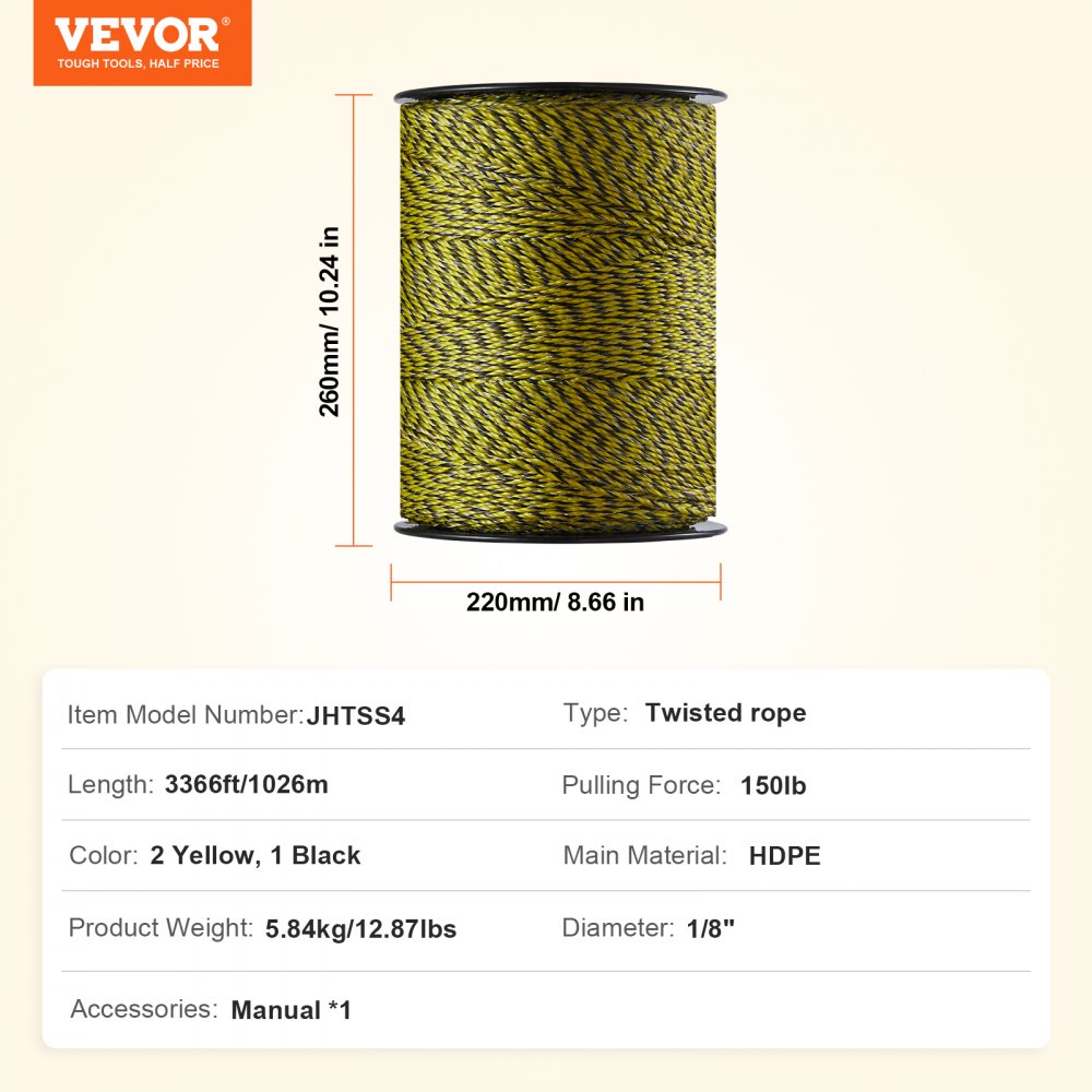 VEVOR Electric Fence Wire, 3366Ft 1026M Portable Polywire, 1/8" Diameter 6 Stainless Steel Strands for Reliable Conductivity and UV, Rust Resistance, Fencing Rope Line for Horse, Cattle, Livestock