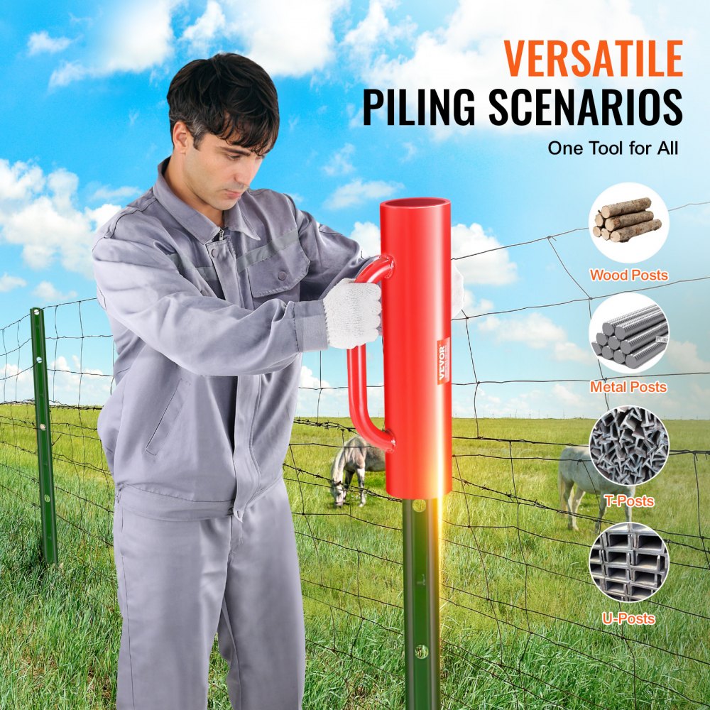 VEVOR Fence Post Driver with Handles, 2.7 in Inner Diameter T Post Pole Pounder, 14LB Heavy Duty Carbon Steel Hand Post Rammer, Farm Fencing Hole Digger for U Channel, Sign Pole, Wooden Post, Red