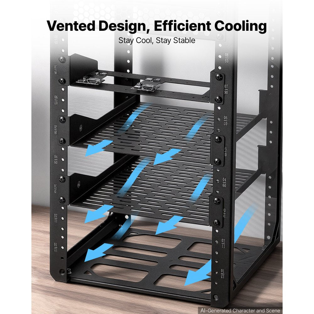 VEVOR 12U Network Rack 10.2 Inch Depth Open Frame Server Rack Vented Shelf, for 10 Inch Network IT Equipment A/V Devices, Supports Up to 200 lbs, with Side Translucent Panels & 2 Top Handles, SBC Tray