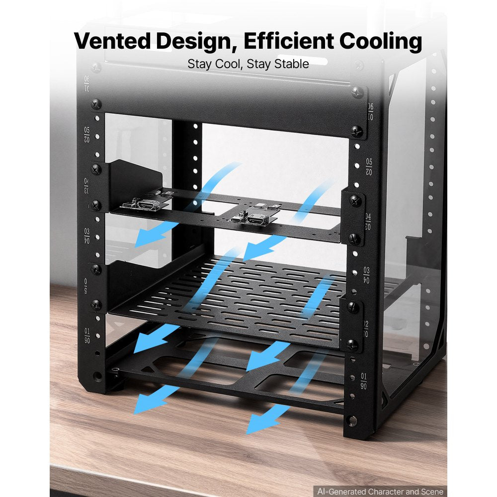 VEVOR 6U Network Rack 7.87 Inch Depth Open Frame Server Rack Vented Shelf, for 10 Inch Network IT Equipment A/V Devices, Supports Up to 200 lbs, with Side Translucent Panels & 2 Top Handles, SBC Tray