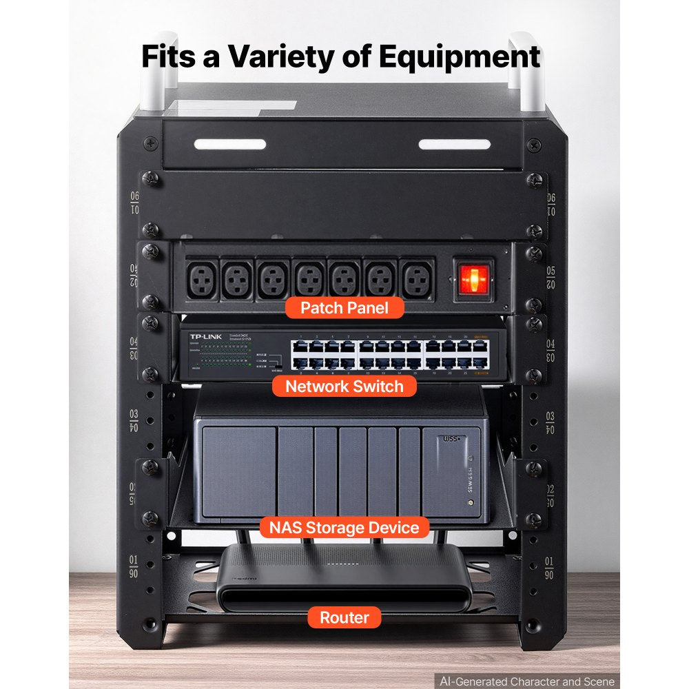 VEVOR 6U Network Rack 7.87 Inch Depth Open Frame Server Rack Vented Shelf, for 10 Inch Network IT Equipment A/V Devices, Supports Up to 200 lbs, with Side Translucent Panels & 2 Top Handles, SBC Tray