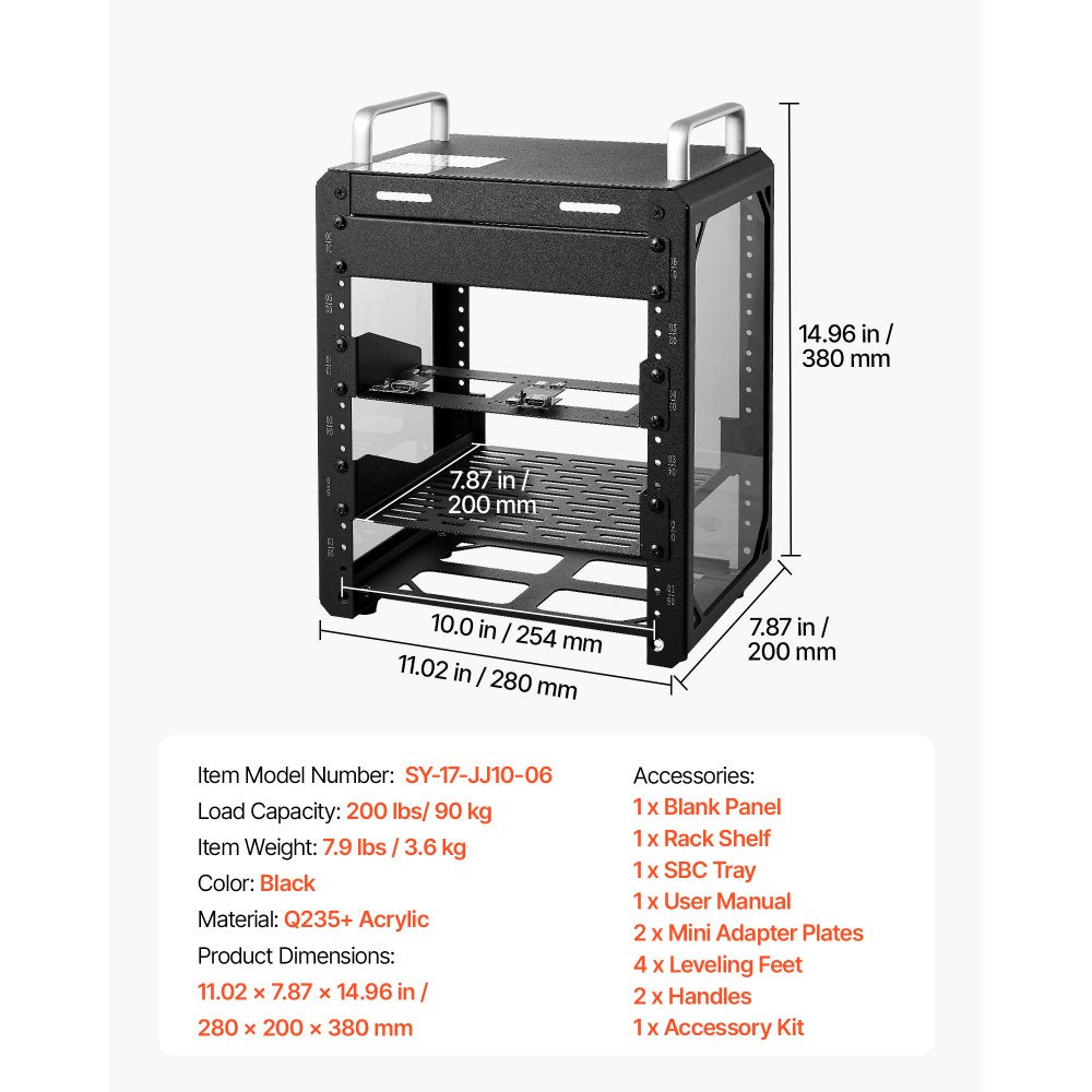 VEVOR 6U Network Rack 7.87 Inch Depth Open Frame Server Rack Vented Shelf, for 10 Inch Network IT Equipment A/V Devices, Supports Up to 200 lbs, with Side Translucent Panels & 2 Top Handles, SBC Tray