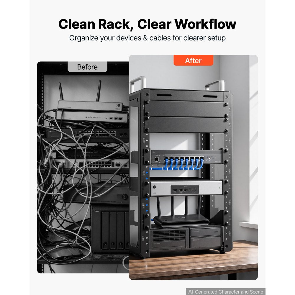VEVOR 9U Network Rack 7.87 Inch Depth Open Frame Server Rack Vented Shelf, for 10 Inch Network IT Equipment A/V Devices, Supports Up to 200 lbs, with Side Translucent Panels & 2 Top Handles, SBC Tray