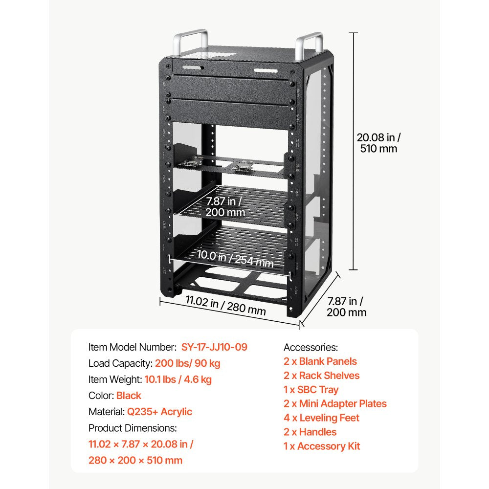 VEVOR 9U Network Rack 7.87 Inch Depth Open Frame Server Rack Vented Shelf, for 10 Inch Network IT Equipment A/V Devices, Supports Up to 200 lbs, with Side Translucent Panels & 2 Top Handles, SBC Tray