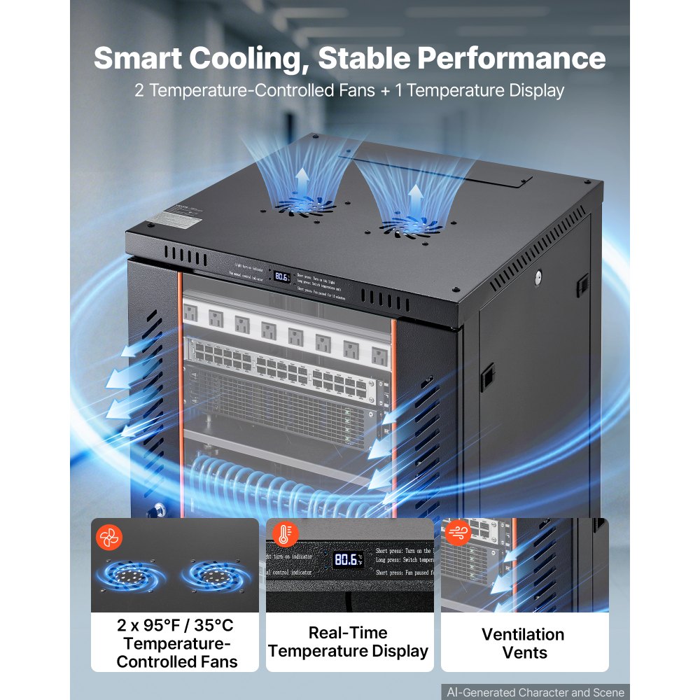 VEVOR 18U Network Cabinet Server Rack, Built-In PDU, 2 Fans, LED Light, for 19" IT Equipment A/V Devices, 23.6" Depth (18" Installation), 660 lbs Max, Lockable Door with Casters Temperature Display