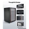 VEVOR 18U Network Cabinet Server Rack, Built-In PDU, 2 Fans, LED Light, for 19" IT Equipment A/V Devices, 23.6" Depth (18" Installation), 660 lbs Max, Lockable Door with Casters Temperature Display