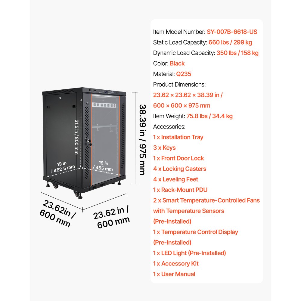 VEVOR 18U Network Cabinet Server Rack, Built-In PDU, 2 Fans, LED Light, for 19" IT Equipment A/V Devices, 23.6" Depth (18" Installation), 660 lbs Max, Lockable Door with Casters Temperature Display