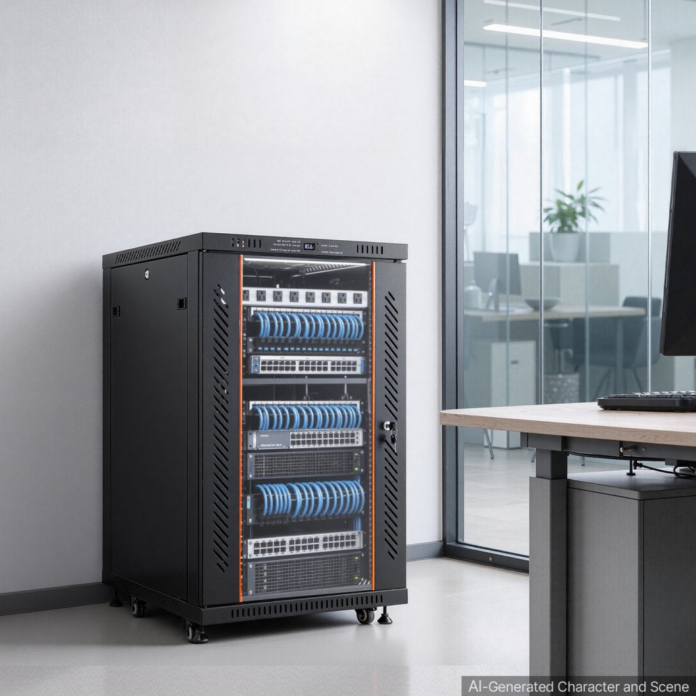VEVOR 18U Network Cabinet Server Rack, Built-In PDU, 2 Fans, LED Light, for 19" IT Equipment A/V Devices, 23.6" Depth (18" Installation), 660 lbs Max, Lockable Door with Casters Temperature Display