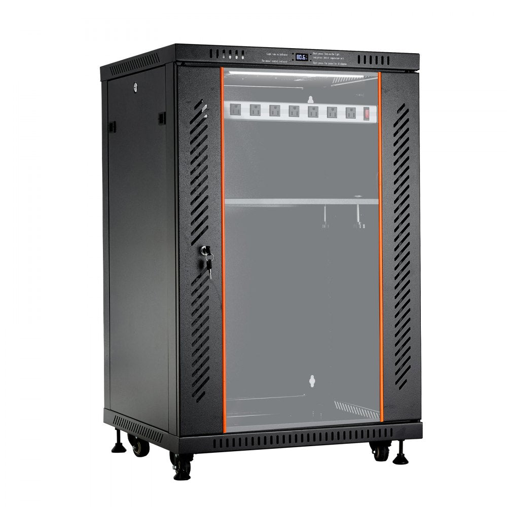 VEVOR 18U Network Cabinet Server Rack, Built-In PDU, 2 Fans, LED Light, for 19" IT Equipment A/V Devices, 23.6" Depth (18" Installation), 660 lbs Max, Lockable Door with Casters Temperature Display