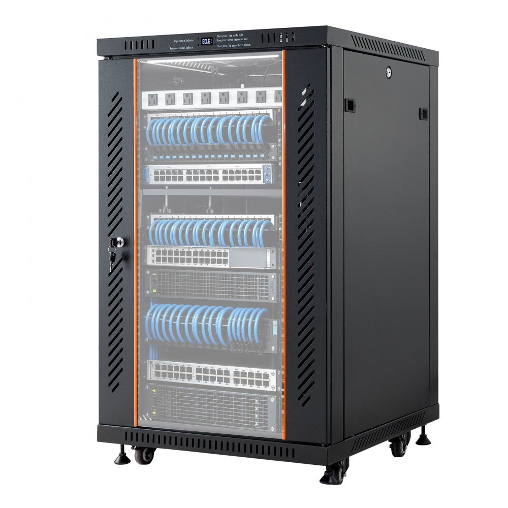 VEVOR 18U Network Cabinet Server Rack, Built-In PDU, 2 Fans, LED Light, for 19" IT Equipment A/V Devices, 23.6" Depth (18" Installation), 660 lbs Max, Lockable Door with Casters Temperature Display