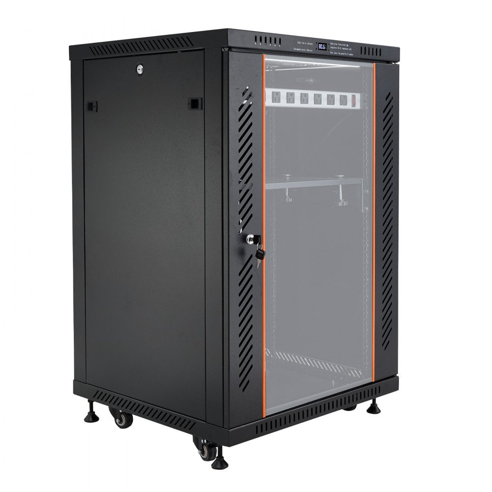 VEVOR 18U Network Cabinet Server Rack, Built-In PDU, 2 Fans, LED Light, for 19" IT Equipment A/V Devices, 23.6" Depth (18" Installation), 660 lbs Max, Lockable Door with Casters Temperature Display