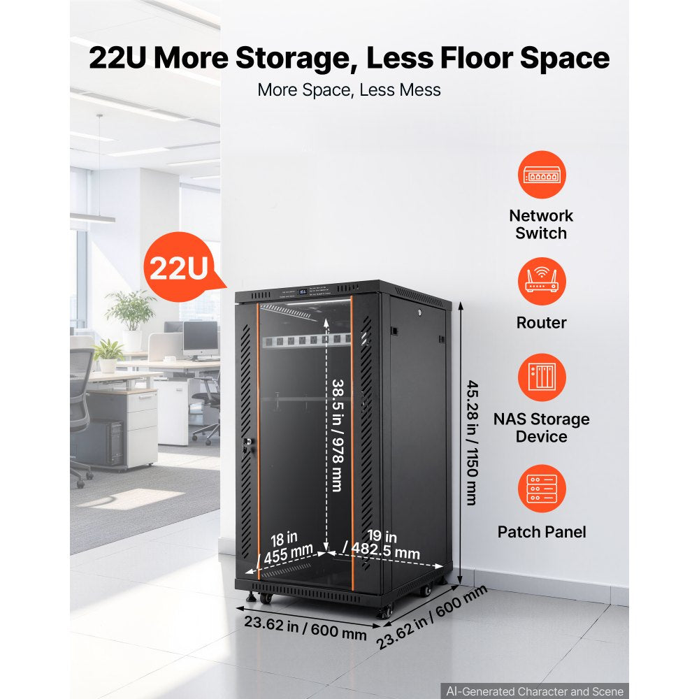 VEVOR 22U Network Cabinet Server Rack, Built-In PDU, 2 Fans, LED Light, for 19" IT Equipment A/V Devices, 23.6" Depth (18" Installation), 660 lbs Max, Lockable Door with Casters Temperature Display