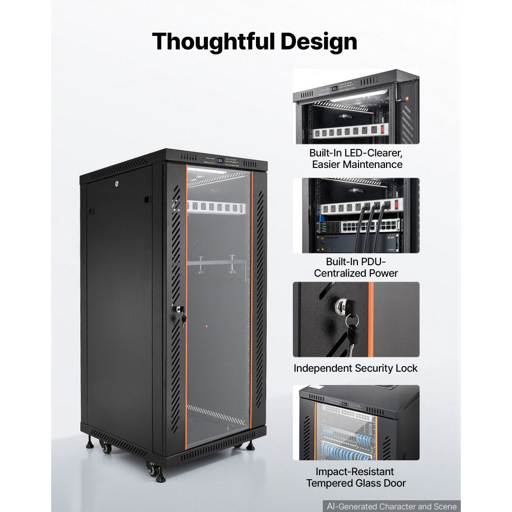 VEVOR 22U Network Cabinet Server Rack, Built-In PDU, 2 Fans, LED Light, for 19" IT Equipment A/V Devices, 23.6" Depth (18" Installation), 660 lbs Max, Lockable Door with Casters Temperature Display