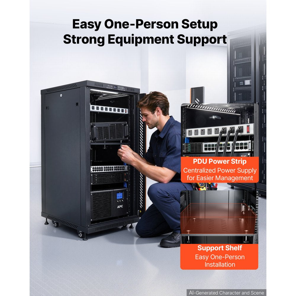 VEVOR 22U Network Cabinet Server Rack, Built-In PDU, 2 Fans, LED Light, for 19" IT Equipment A/V Devices, 23.6" Depth (18" Installation), 660 lbs Max, Lockable Door with Casters Temperature Display