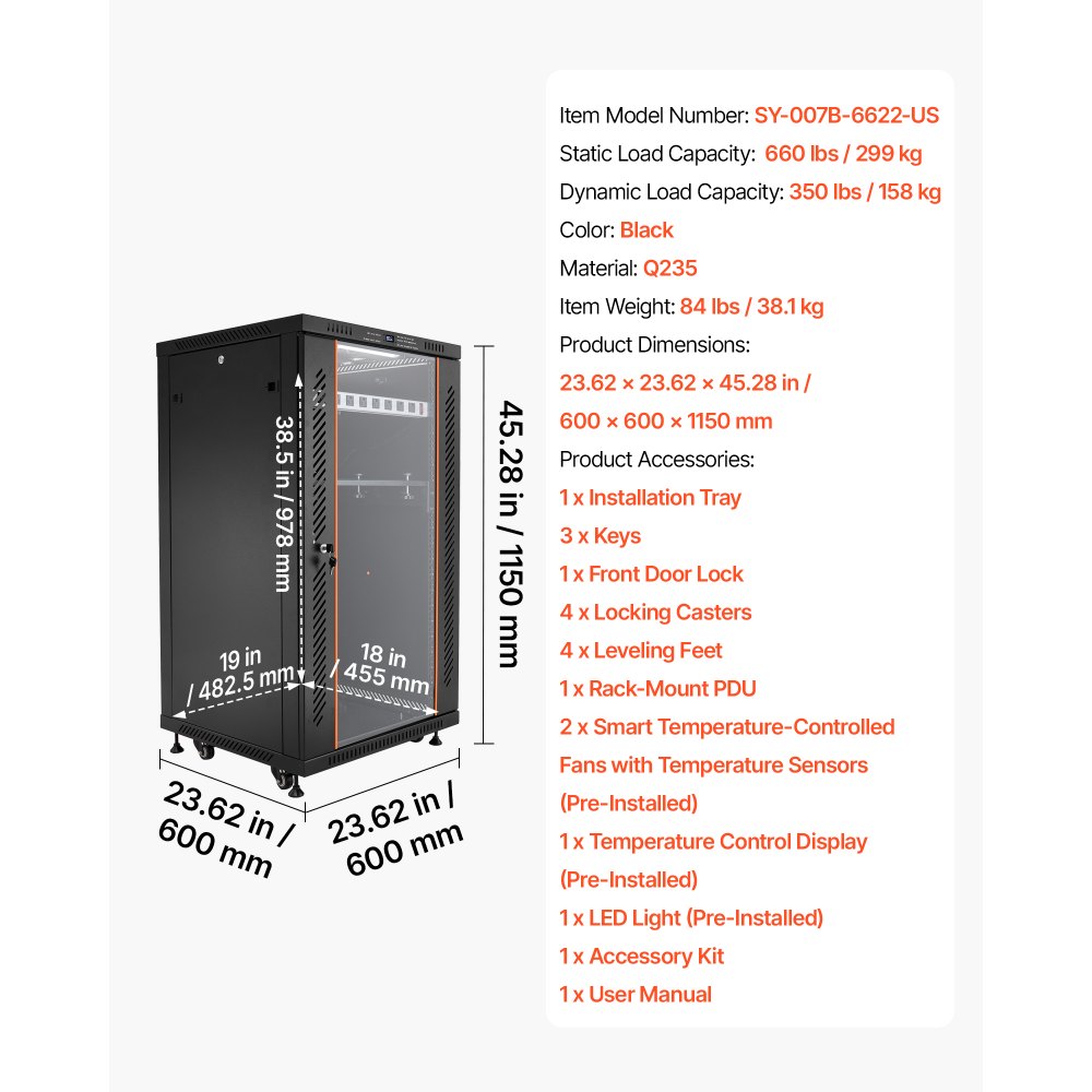 VEVOR 22U Network Cabinet Server Rack, Built-In PDU, 2 Fans, LED Light, for 19" IT Equipment A/V Devices, 23.6" Depth (18" Installation), 660 lbs Max, Lockable Door with Casters Temperature Display
