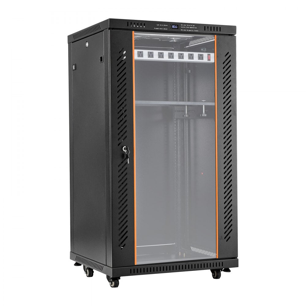 VEVOR 22U Network Cabinet Server Rack, Built-In PDU, 2 Fans, LED Light, for 19" IT Equipment A/V Devices, 23.6" Depth (18" Installation), 660 lbs Max, Lockable Door with Casters Temperature Display