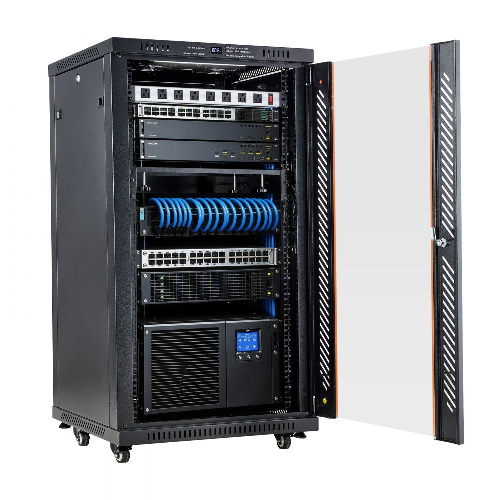 VEVOR 22U Network Cabinet Server Rack, Built-In PDU, 2 Fans, LED Light, for 19" IT Equipment A/V Devices, 23.6" Depth (18" Installation), 660 lbs Max, Lockable Door with Casters Temperature Display