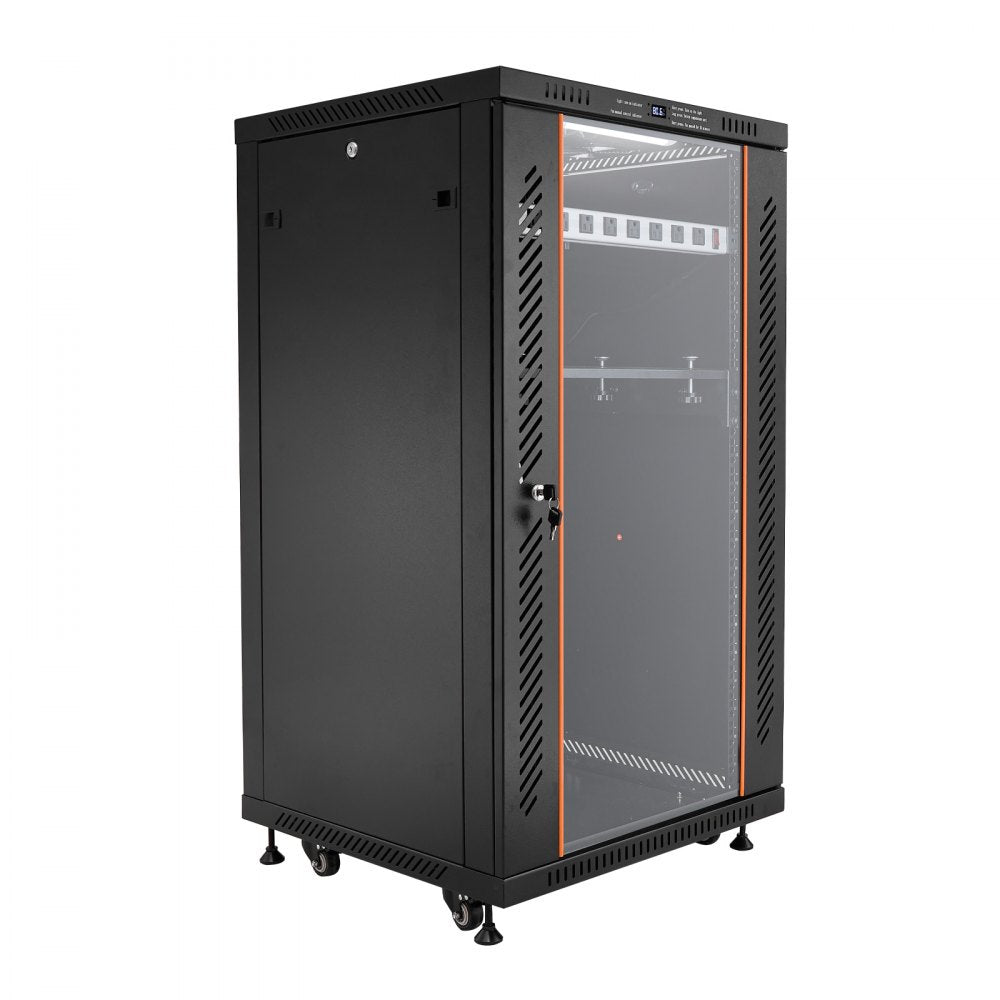 VEVOR 22U Network Cabinet Server Rack, Built-In PDU, 2 Fans, LED Light, for 19" IT Equipment A/V Devices, 23.6" Depth (18" Installation), 660 lbs Max, Lockable Door with Casters Temperature Display