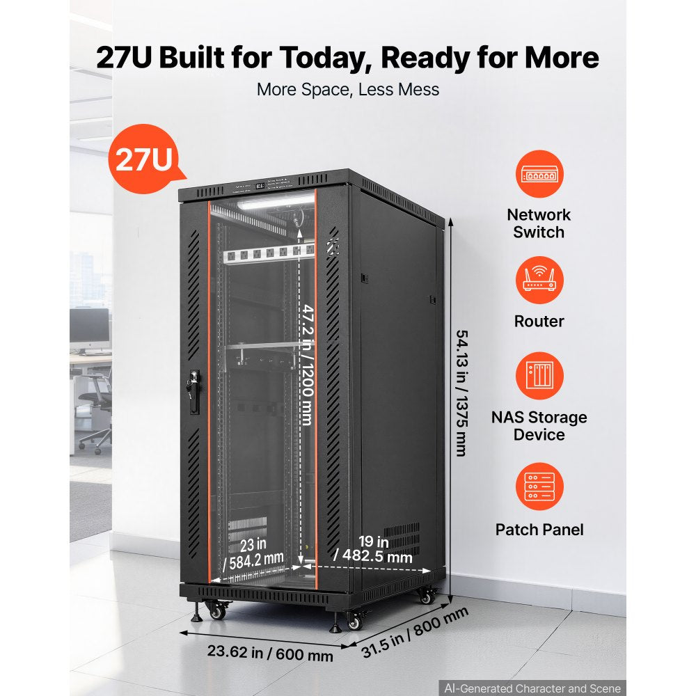 VEVOR 27U Network Cabinet Server Rack, Built-In PDU, 4 Fans, LED Light, for 19" IT Equipment A/V Devices, 23.6" Depth (18" Installation), 1800lbs Max, Lockable Door with Casters Temperature Display