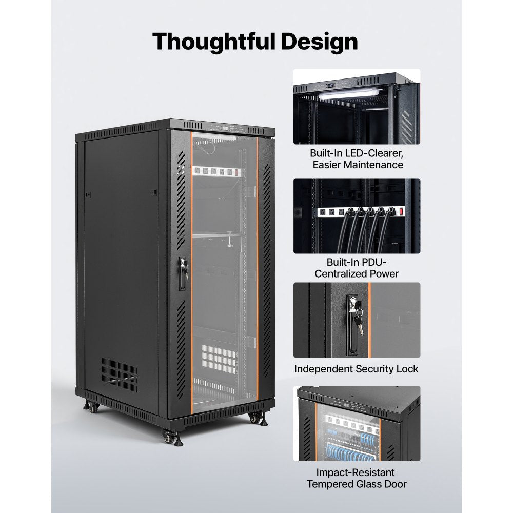 VEVOR 27U Network Cabinet Server Rack, Built-In PDU, 4 Fans, LED Light, for 19" IT Equipment A/V Devices, 23.6" Depth (18" Installation), 1800lbs Max, Lockable Door with Casters Temperature Display
